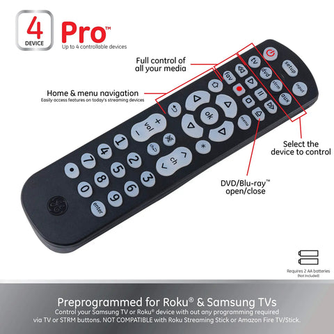 Backlit Universal Remote That Handles Four Devices, Boss Control For Samsung, Vizio, LG, Sony, Sharp, Roku, Apple TV, RCA, Panasonic And More, Easy Setup, Backlit Buttons, Works With Blu-ray, DVD, Streaming Players, Smart TV, Black displayed with feature highlights