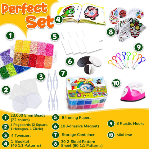 Awesome Fuse Bead Craft Kit for Kids With Pegboards and Pony Beads Pixel Art Set with beads, pegboards, tweezers, pattern booklet.