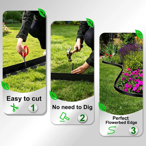 Image of 3 Inch Garden Edging Border Kit With 50 Feet Of Plastic Edging And 75 Spikes, demonstrating no dig landscape installation