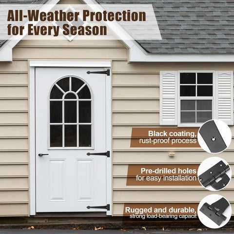 Solid As A Rock 15 Inch Heavy Duty T Strap Hinges 4 Pack With Mounting Fasteners Black Powder Coated Rust Resistant Wrought Iron Barn Door Hardware on a door with a window.