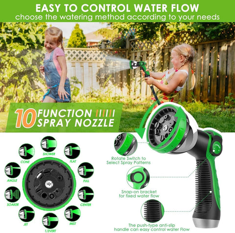 Front view of FlexiSolve non-expandable garden hose with 10-pattern spray nozzle, green/black.