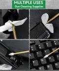 Must Have Gun Cleaning Set With Patches And Cotton Swabs In Durable Storage Box shown cleaning various surfaces
