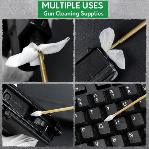 Must Have Gun Cleaning Set With Patches And Cotton Swabs In Durable Storage Box shown cleaning various surfaces