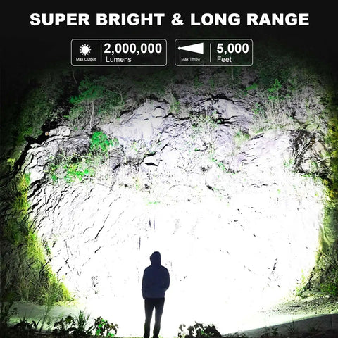 Rechargeable Spotlight 2,000,000 Lumens LED Flashlight Handheld with Cob Light illuminating a cliff at night.