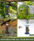 All Metal Squirrel Resistant Tube Bird Feeder With Large Tray And Weatherproof Roof 2.5 Lb Capacity Ideal For Sunflower Seeds Or Mealworms No Plastic Or Wood Heavy Duty Outdoor Hanging Feeder For Wild Birds shown in four seasons: spring, summer, autumn, and winter.