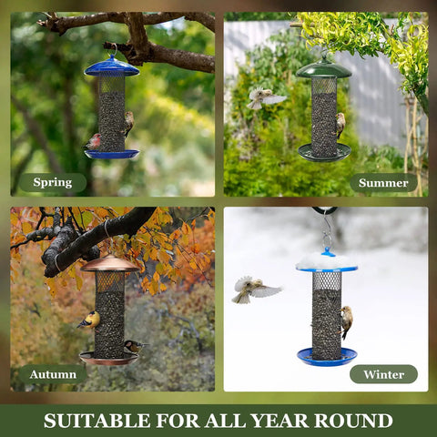 All Metal Squirrel Resistant Tube Bird Feeder With Large Tray And Weatherproof Roof 2.5 Lb Capacity Ideal For Sunflower Seeds Or Mealworms No Plastic Or Wood Heavy Duty Outdoor Hanging Feeder For Wild Birds shown in four seasons: spring, summer, autumn, and winter.