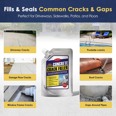 Self Leveling Concrete Crack Filler High Elasticity Waterproof Sealant 35.3 Oz Quick Dry DIY Outdoor Concrete Joint Repair Glue For Driveway Sidewalk Patio Garage Floor 2 Pack Gray with images of repairs on different surfaces.