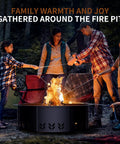 Family gathered around a Smokeless Fire Pit Ring Insert for Outdoor Use Heavy Duty Metal Round Ring With 30 Inch Inner Diameter and 36 Inch Outer Diameter Durable Fire Ring for Wood Burning Black Finish.