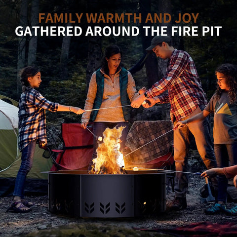 Family gathered around a Smokeless Fire Pit Ring Insert for Outdoor Use Heavy Duty Metal Round Ring With 30 Inch Inner Diameter and 36 Inch Outer Diameter Durable Fire Ring for Wood Burning Black Finish.