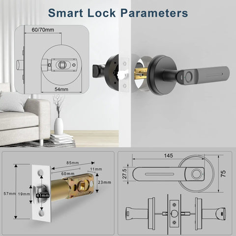 Diagram of Fingerprint Door Lock No Key Needed With 0.2 Second Auto Unlock, 100 Biometric Profiles, shown with specifications