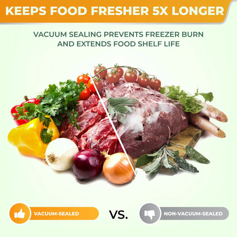 Comparison of vacuum-sealed vs non-sealed meat and vegetables showing freshness with Precision Vacuum Sealer Pro For Sous Vide And Long Term Storage