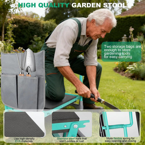 2-In-1 Garden Kneeler And Seat Foldable Bench With Non-Slip EVA Foam Pad Storage Pouches Glove Included Portable Gardening Stool For Kneeling Or Sitting No-Fuss Helper For Gardeners Patios And Fishing in use by senior man