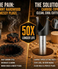 Kickass Carbide Tipped Wood Plug Cutters Set 5 Piece Collection With Protective Sleeves Covers 3/8 To 3/4 Inch Sizes For No Sweat Cabinet Hinge Repairs And Boss Level Furniture Making image showing comparison of burnt plugs and carbide-tipped cutter.
