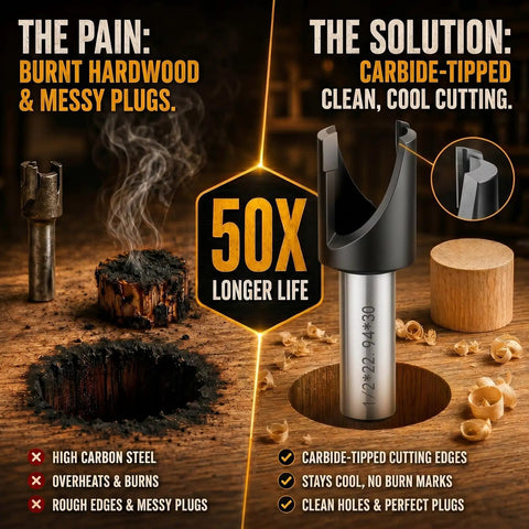Kickass Carbide Tipped Wood Plug Cutters Set 5 Piece Collection With Protective Sleeves Covers 3/8 To 3/4 Inch Sizes For No Sweat Cabinet Hinge Repairs And Boss Level Furniture Making image showing comparison of burnt plugs and carbide-tipped cutter.