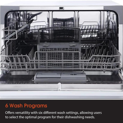 Interior view of Real Deal Compact Countertop Dishwasher For Modern Kitchens with six place settings and stainless steel tub.