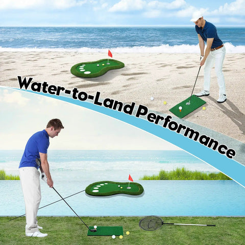 Water-to-land performance of Floating Golf Green For Pool With Patented Design, Dope Water Golf Game Mat, net, and scoreboard