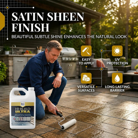 Man applying Straight Up Pro Grade Sealant For Concrete And Natural Stone With Slick Satin Sheen Deep Penetrating Urethane Formula Weather Resistant Finish 4 Liter Bucket.