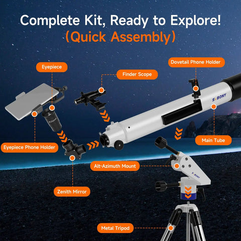 Diagram of SV520 90mm Refractor Telescope Kit including metal tripod, eyepiece, phone mount, and AZ mount against night sky.