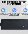 Black smart charger for Beefy 12V 50Ah LiFePO4 Trolling Battery with auto detection and charging efficiency info.