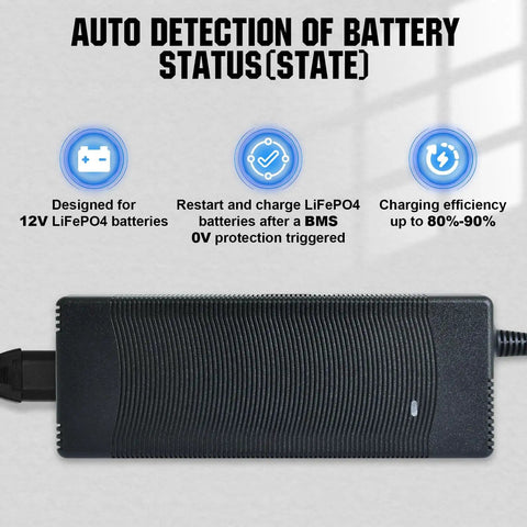 Black smart charger for Beefy 12V 50Ah LiFePO4 Trolling Battery with auto detection and charging efficiency info.