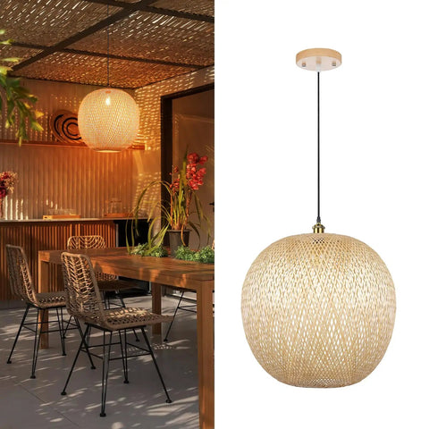 Boho Bamboo Pendant Light With Round Wicker Basket Shade Handwoven Ceiling Lamp For Kitchen Island And Living Room 15.7 Inch