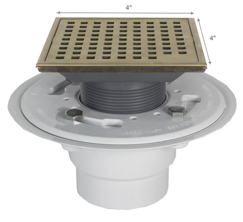 Square Shower Drain Kit In Satin Gold Finish With Marine 316 Stainless Steel Grate And ABS Base Lagos Series Mira Line 4 Inch