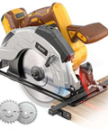 Ecarke cordless circular saw 7-1/4-inch with laser guide, metal base, and dual blades (24T and 40T) on a wooden board