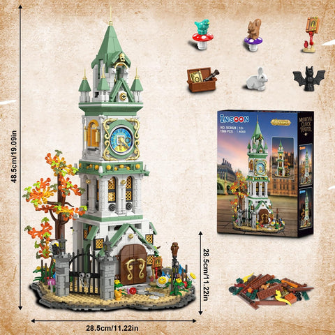 Epic Clock Tower Building Set With Light 1566 Pieces Mega Medieval Castle Kit, tall four-story model with decorative elements.
