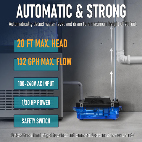 High Capacity Condensate Pump for HVAC With 20 Foot Lift and Tubing, 132 GPH at 0.033 HP, 115V Or 230V