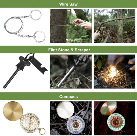 Components from All In One 22 In 1 Survival Kit For Men Your Go To Emergency Gear For Camping Hiking Hunting Disaster Prep Tactical SOS Readiness Waterproof Case Outdoor Adventure Essentials, featuring a wire saw, flint stone, and compass in use.