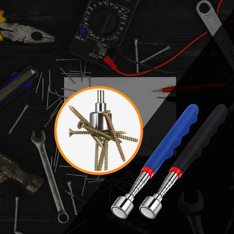 Telescoping Magnetic Pickup Tool 20 Lb Magnet 30 Inch Extendable Reach Heavy Duty Grabber For Auto Garage Home DIY Cushioned Grip Handle Blue And Black 2 Pack shown with screws and tools.