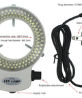 Pro Grade 144 LED Ring Light Illuminator For Stereo Microscope With Adjustable Brightness From 0 To 100 Percent, Shadow Free Illumination, UL Certified, 12 Volt Output, 100 To 240 Volt AC Input, US Plug, One Year Warranty, Great For Precision Imaging. 144-LED ring light with adapter, 5.5mm plug, 63.5mm connection