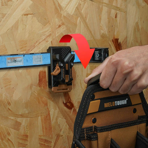 Premium 3 Pack Slick Quick Release Belt Clips For Tool Pouch Drill Holster No Sweat Snap On Off Attaches To Any 3 Inch Belt Or Wall Mount Grab And Go Tradesman Gear Rack Khaki showing clip being attached to wall.