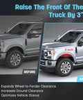 Before and after effect of Ford 3 Inch Front Leveling Kit For 2005 Through 2024 F250 F350 Super Duty 4WD installation on truck