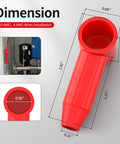 Red insulated silicone battery terminal cover shown with dimensions for 10 AWG to 4 AWG installations, used in automotive settings.