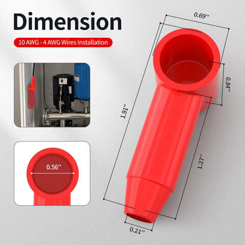 Red insulated silicone battery terminal cover shown with dimensions for 10 AWG to 4 AWG installations, used in automotive settings.