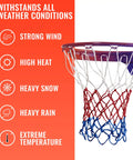 Heavy Duty Basketball Net Replacement For Indoor Or Outdoor Rims All Weather Anti Whip Standard Size With 12 Loops Red White And Blue Colorway Court Ready Gear For Everyday Pickup Games attached to a basketball rim, showcasing weather resistance features.