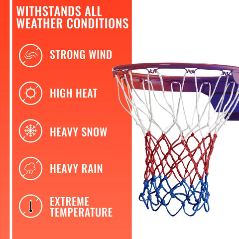 Heavy Duty Basketball Net Replacement For Indoor Or Outdoor Rims All Weather Anti Whip Standard Size With 12 Loops Red White And Blue Colorway Court Ready Gear For Everyday Pickup Games attached to a basketball rim, showcasing weather resistance features.