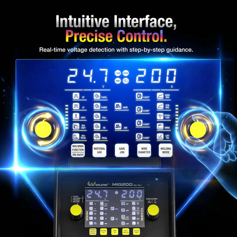 LED control interface of All In One 200 Amp MIG Welder With 110 And 220V Dual Voltage 7 Mode Multi Process Aluminum Workhorse Machine