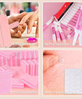 Disposable Press On Nail Prep Kit For Salon Biz, 50-set manicure bundle showing nail files, glue, buffers, and adhesive tape.