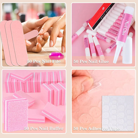 Disposable Press On Nail Prep Kit For Salon Biz, 50-set manicure bundle showing nail files, glue, buffers, and adhesive tape.