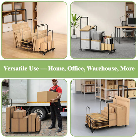 Rolling Cardboard Box Rack With Lockable Wheels Portable Carton Storage Stand Holds Ten To Fifteen Boxes in various settings