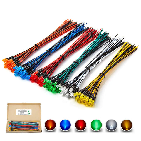 Lit 120 Piece LED Diode Light Kit with 6 colors, 12V 5mm lights, 7.9 inch UL wire, pre-wired copper leads, color-coded wires