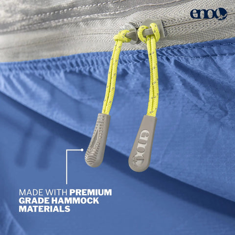 Close-up of yellow zippers on JungleNest Pacific Hammock With Extended 10 Foot Length Structural Ridgeline Featherlite DAC Spreader Bar Boosts