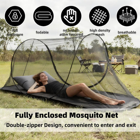 Ultra Dense Mosquito Tent With Foldable Mesh For Single Person Keeps NoSeeUms Out, black netting in outdoor setup