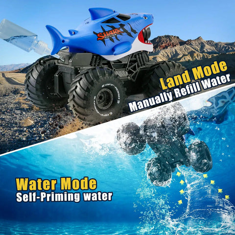 Beast Amphibious Remote Control Shark Monster Truck For Water Play, 4WD All Terrain Off Road RC Car on land and water mode.