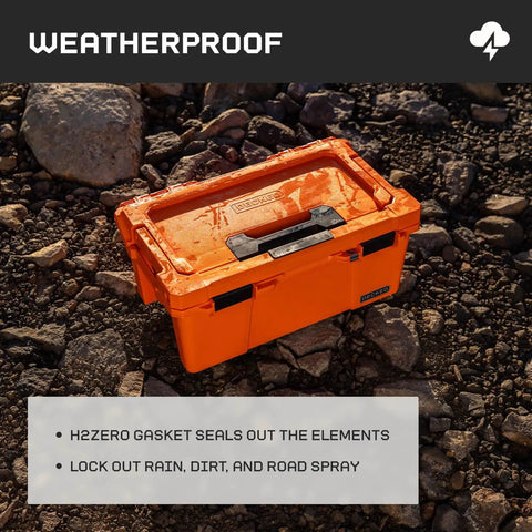 Sixer 16 Protective Case With Removable Tool Tray Blaze Orange, Heavy Duty Hard Case on rocky terrain.