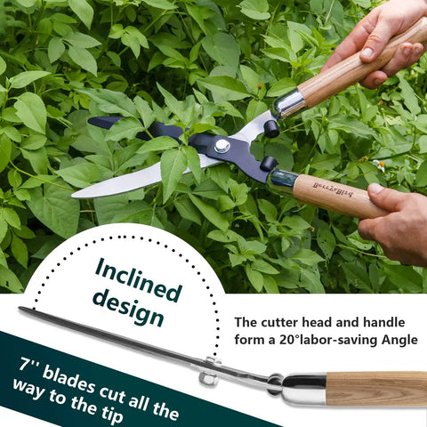 Heavy Duty Garden Hedge Shears 19.88 Inch Reach With Wooden Handles And Pro-Grade Carbon Steel Blades in use on bush