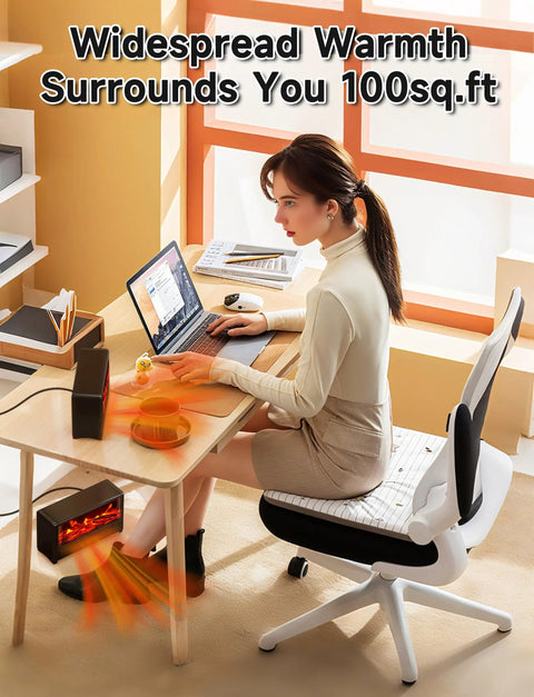 Small Space Heater With Realistic Volcanic Flame Ambiance for a cozy vibe 600W portable desk heater in office setting