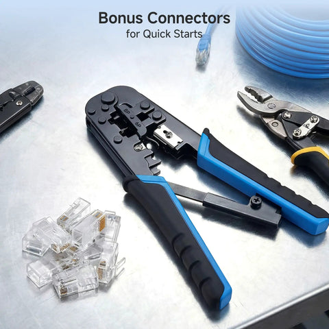 RJ45 Crimp Tool With Built In Wire Cutter And Stripper Pro Grade Ethernet Crimper For Custom Patch Cables Includes 10 Pack Cat6 RJ45 Connectors on a workbench with tools